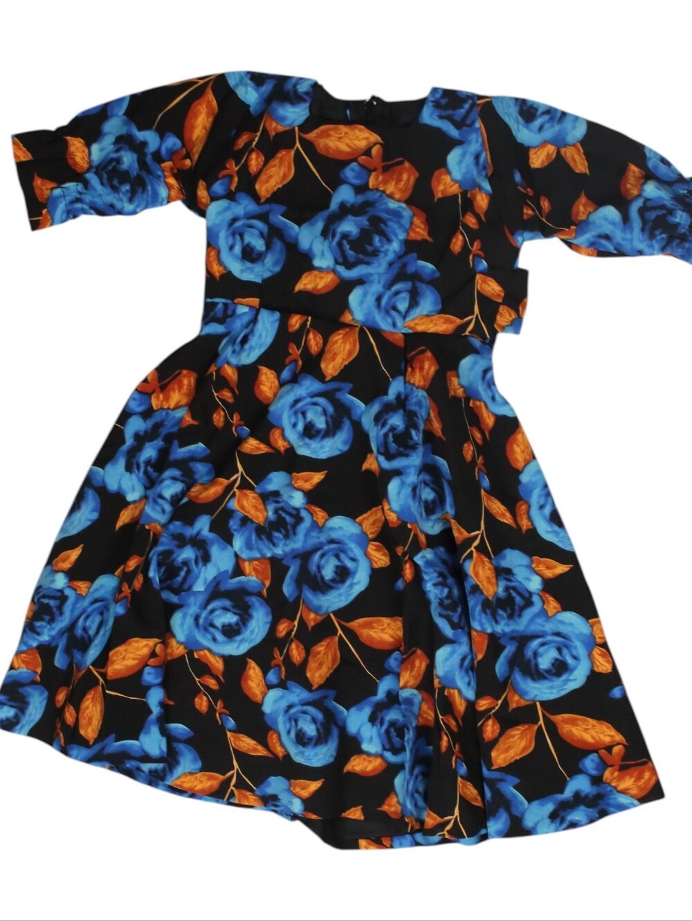 Long Dress with Vibrant Blue Rose and Orange Leaf Print